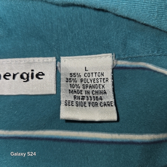 ENERGIE GIRLS TOP 3-BUTTON FRONT COLLAR SHORT SLEEVES TEAL WHITE STRIPE SIZE LG - Picture 8 of 10